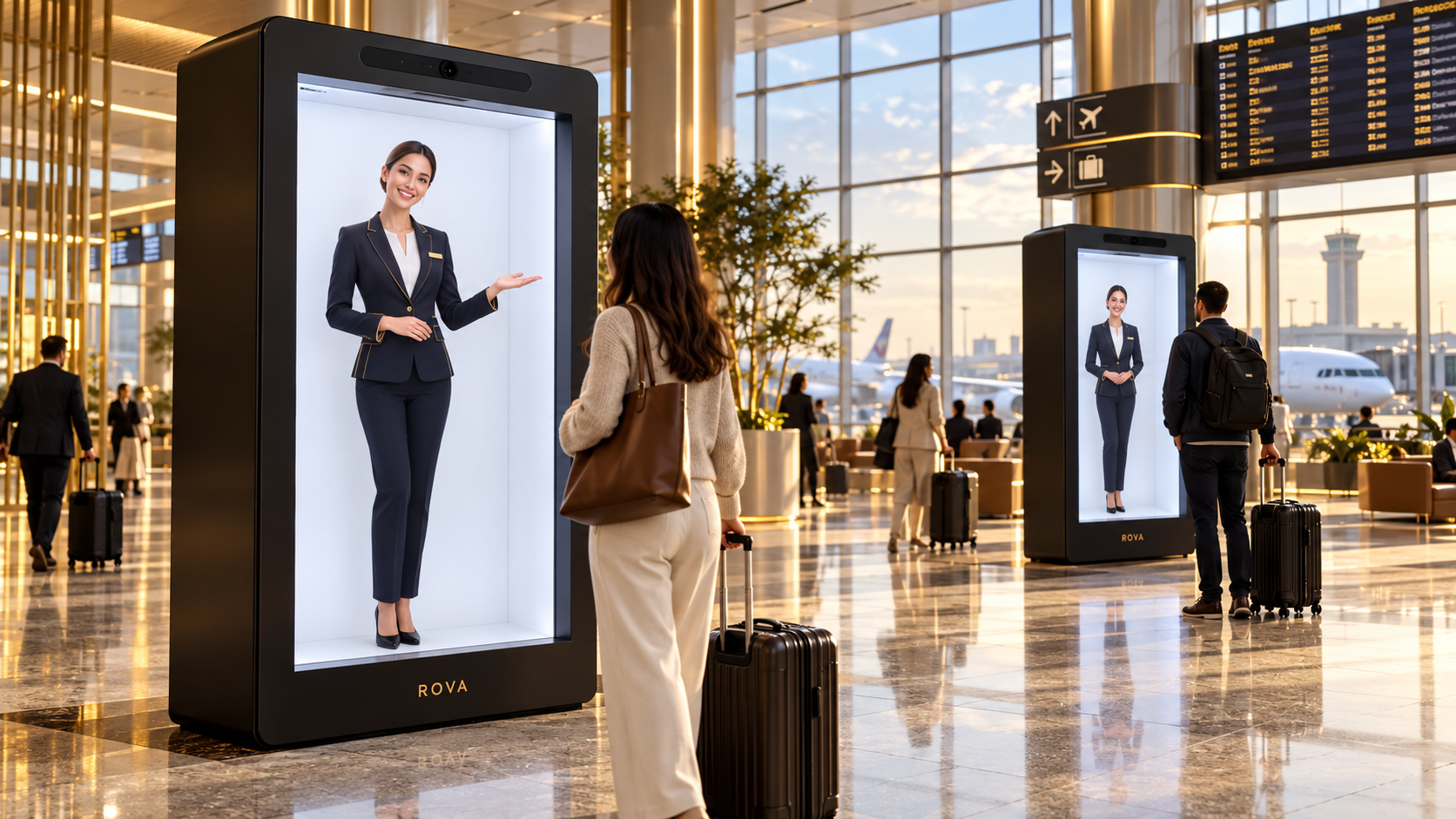 AI concept illustration of two ROVA-branded Luma-style hologram units welcoming travelers in an airport terminal