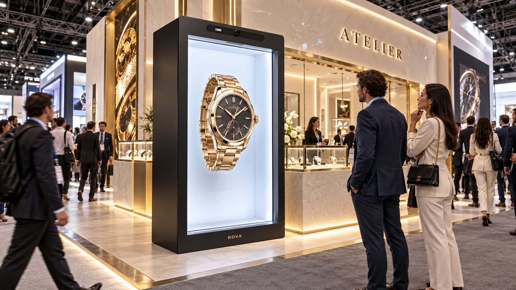 AI concept of a ROVA Luma presenting a luxury gold watch at a high-end convention exhibitor booth with attendees walking around
