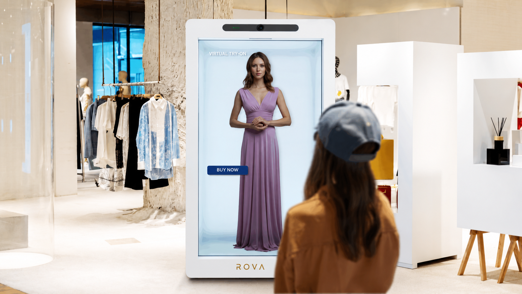 ROVA-branded life-size fashion display concept in a boutique