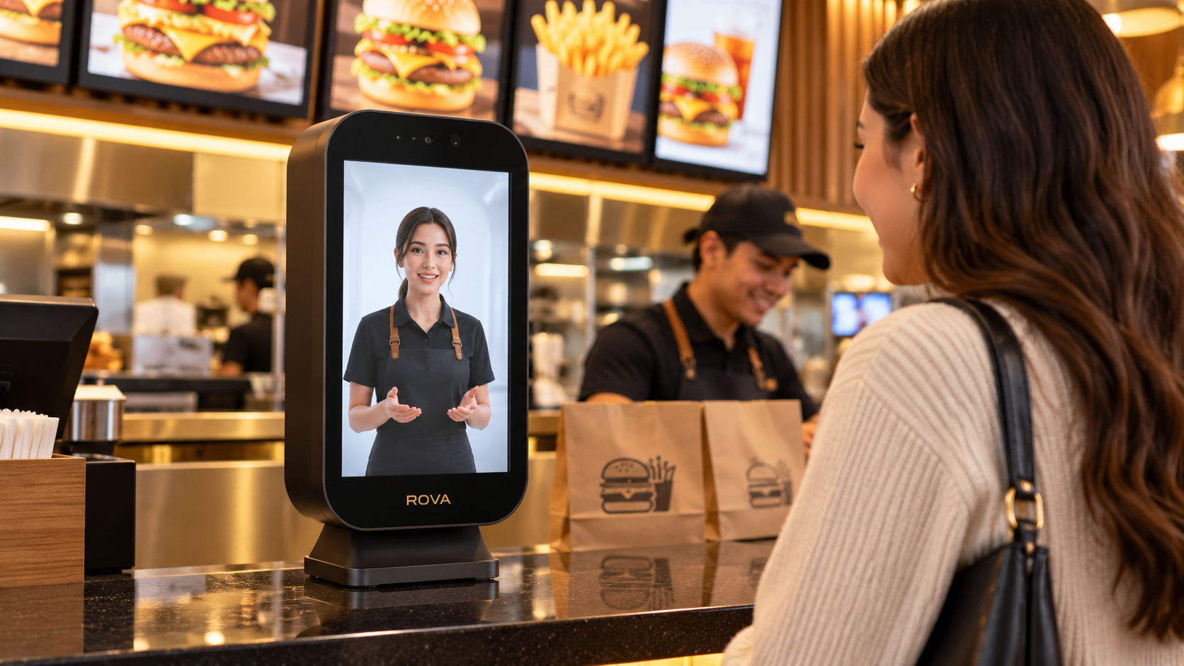 AI concept illustration of a ROVA-branded M2-style tabletop hologram host at a fast-food restaurant counter